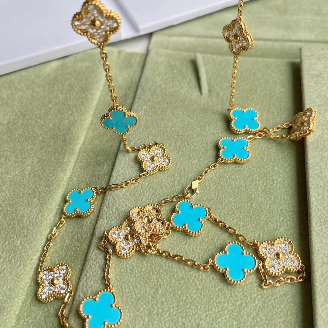 [Royal&Vicky]CLOVER 20 MOTIFS TURQUOISE DIAMOND NECKLACE