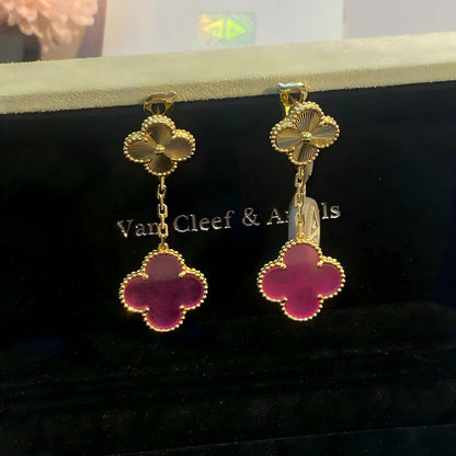 [Royal&Vicky]NEW CLOVER 2 MOTIF PINK ENAMEL EARRINGS