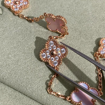 [Royal&Vicky]CLOVER 10 MOTIFS DIAMOND PINK MOP NECKLACE