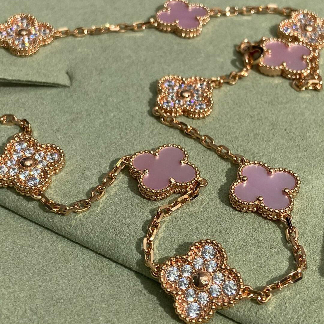 [Royal&Vicky]CLOVER 10 MOTIFS DIAMOND PINK MOP NECKLACE