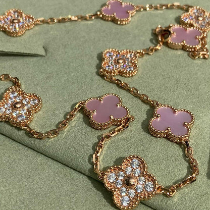[Royal&Vicky]CLOVER 10 MOTIFS DIAMOND PINK MOP NECKLACE