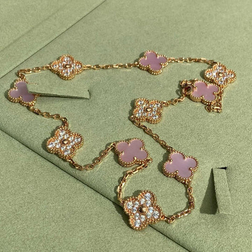 [Royal&Vicky]CLOVER 10 MOTIFS DIAMOND PINK MOP NECKLACE