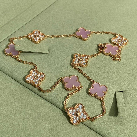 [Royal&Vicky]CLOVER 10 MOTIFS DIAMOND PINK MOP NECKLACE