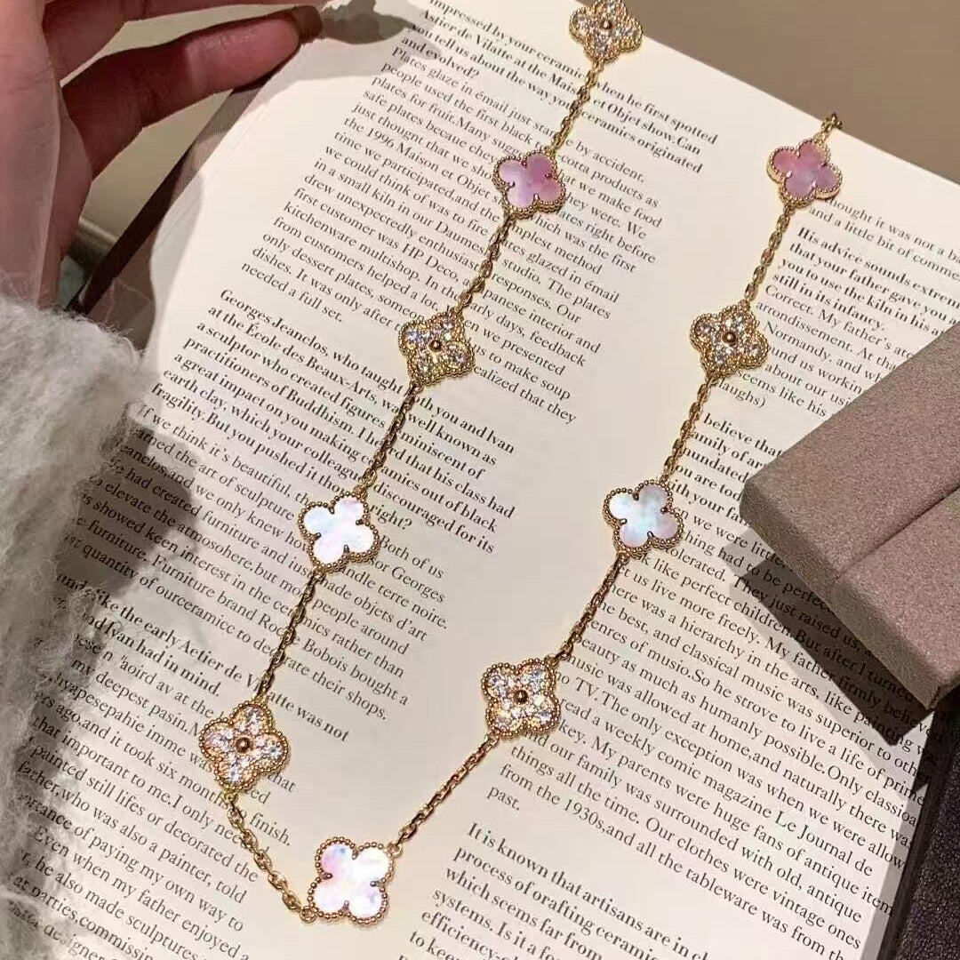 [Royal&Vicky]CLOVER 10 MOTIFS DIAMOND PINK MOP NECKLACE