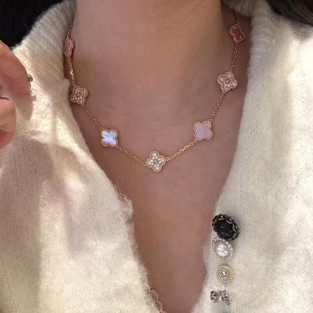 [Royal&Vicky]CLOVER 10 MOTIFS DIAMOND PINK MOP NECKLACE