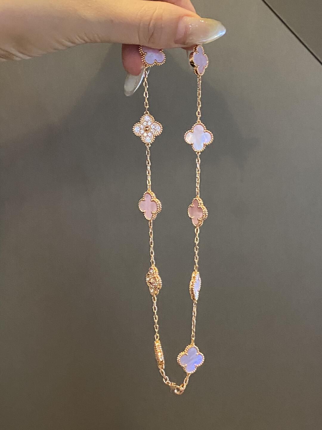 [Royal&Vicky]CLOVER 10 MOTIFS DIAMOND PINK MOP NECKLACE