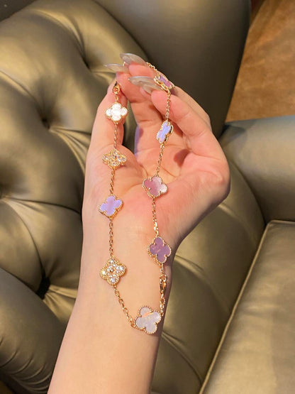 [Royal&Vicky]CLOVER 10 MOTIFS DIAMOND PINK MOP NECKLACE