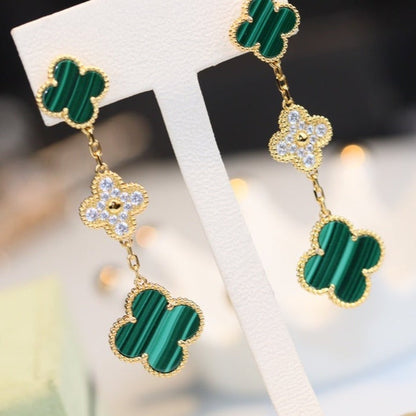 [Royal&Vicky]CLOVER EARRINGS GOLD MALACHITE DIAMOND 3 MOTIF