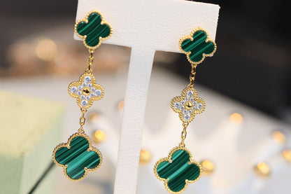 [Royal&Vicky]CLOVER EARRINGS GOLD MALACHITE DIAMOND 3 MOTIF