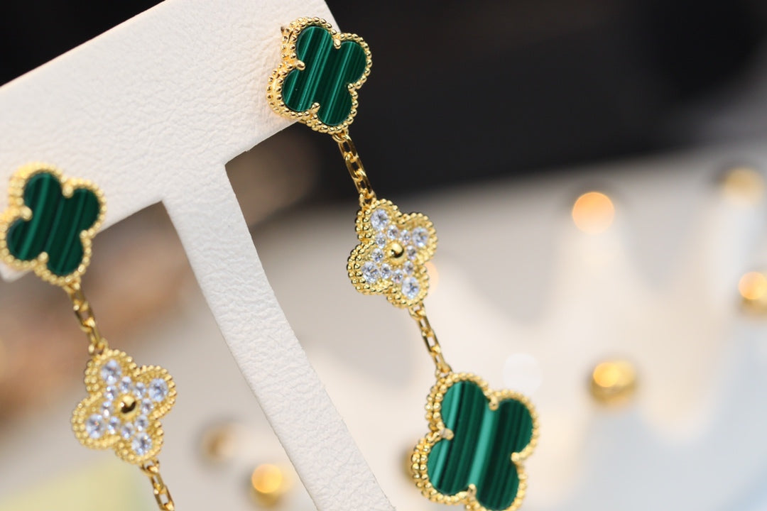 [Royal&Vicky]CLOVER EARRINGS GOLD MALACHITE DIAMOND 3 MOTIF