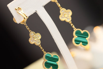 [Royal&Vicky]CLOVER EARRINGS GOLD MALACHITE DIAMOND 3 MOTIF