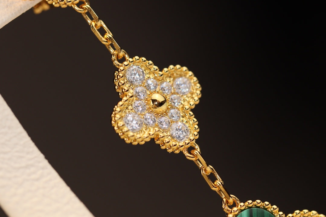 [Royal&Vicky]CLOVER EARRINGS GOLD MALACHITE DIAMOND 3 MOTIF