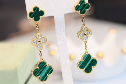 [Royal&Vicky]CLOVER EARRINGS GOLD MALACHITE DIAMOND 3 MOTIF