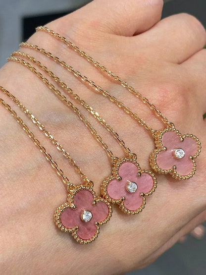 [Royal&Vicky]CLOVER 15MM DIAMOND RHODONITE NECKLACE