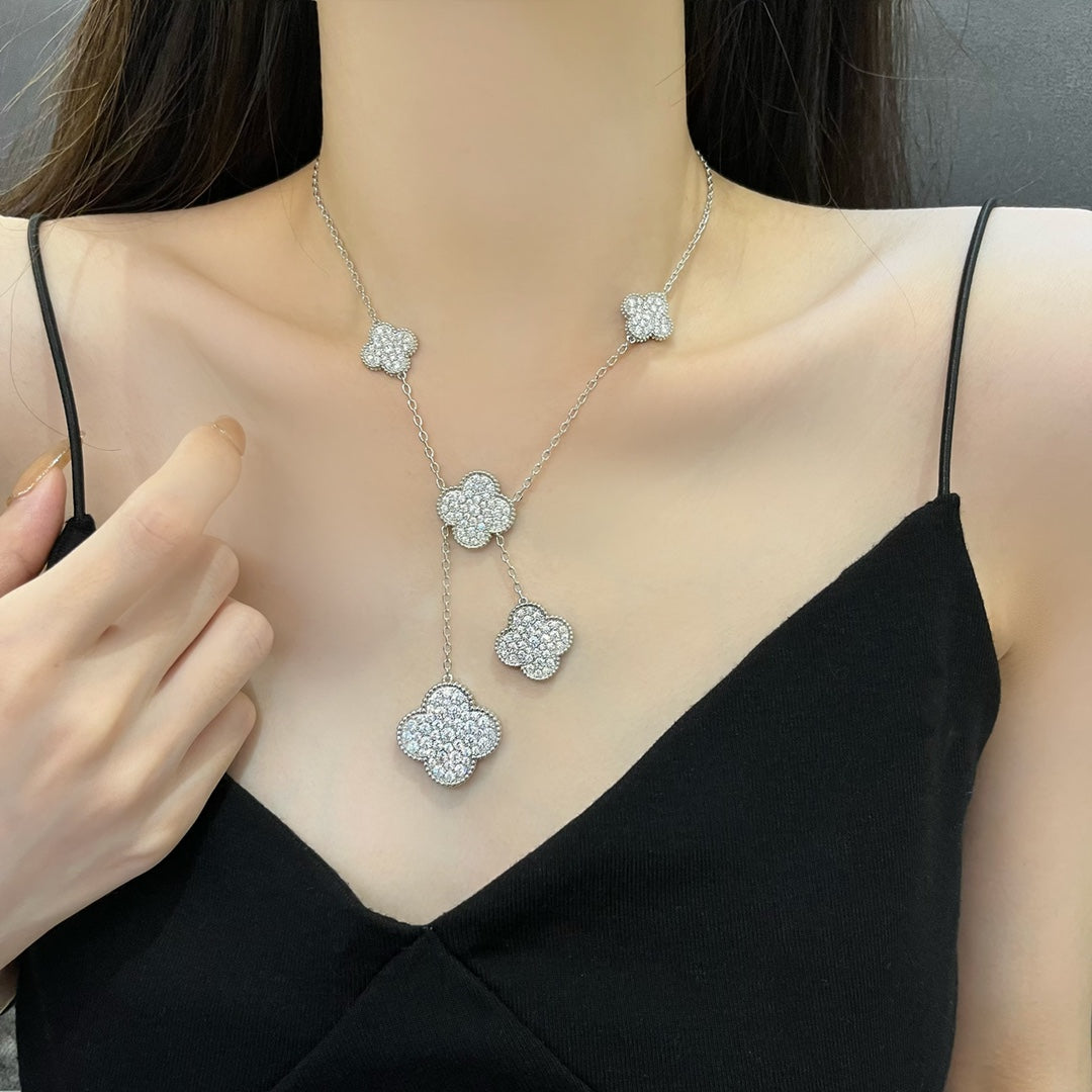 [Royal&Vicky]CLOVER 5 MOTIFS SILVER DIAMONDS NECKLACE