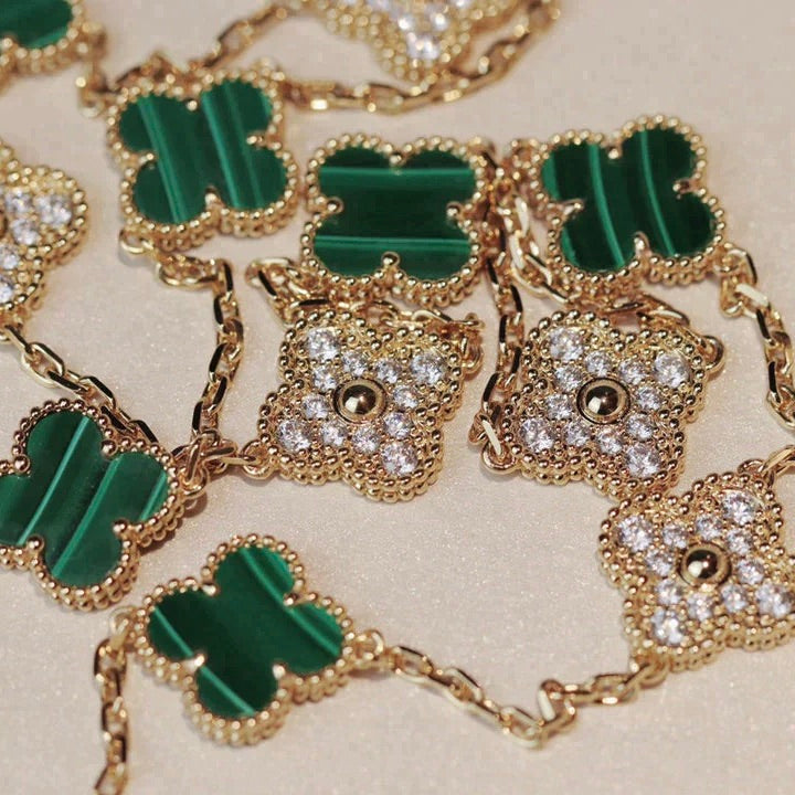 [Royal&Vicky]CLOVER 20 MOTIFS MALACHITE DIAMOND NECKLACE
