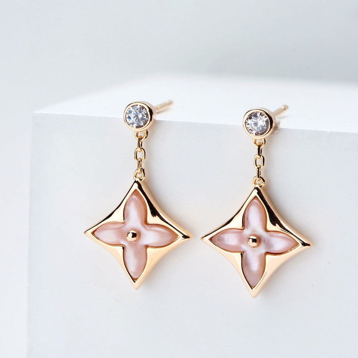 [Royal&Vicky]DOUBLE STAR PINK GOLD MOP DROP EARRINGS