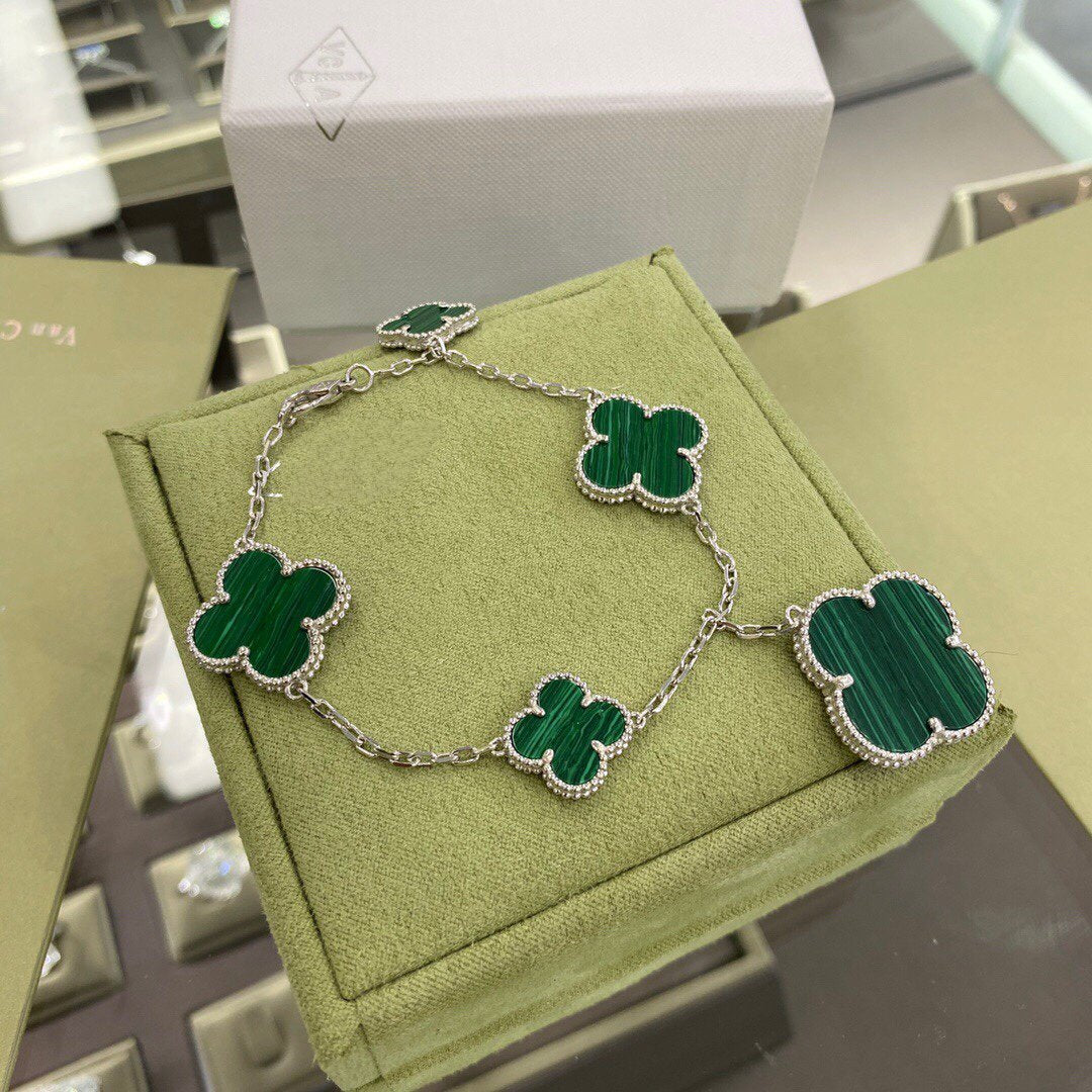[Royal&Vicky]CLOVER 5 MOTIFS SIVLER MALACHITE BRACELET