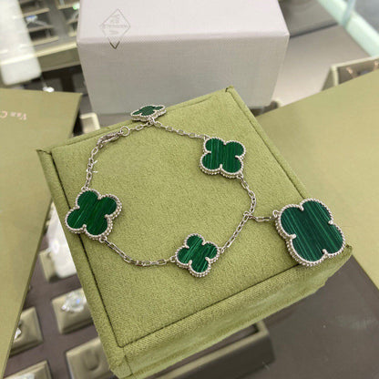 [Royal&Vicky]CLOVER 5 MOTIFS SIVLER MALACHITE BRACELET