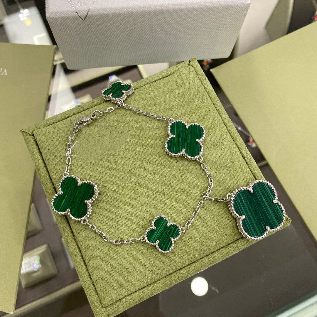 [Royal&Vicky]CLOVER 5 MOTIFS SIVLER MALACHITE BRACELET
