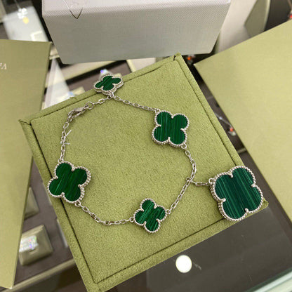 [Royal&Vicky]CLOVER 5 MOTIFS SIVLER MALACHITE BRACELET