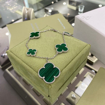 [Royal&Vicky]CLOVER 5 MOTIFS SIVLER MALACHITE BRACELET