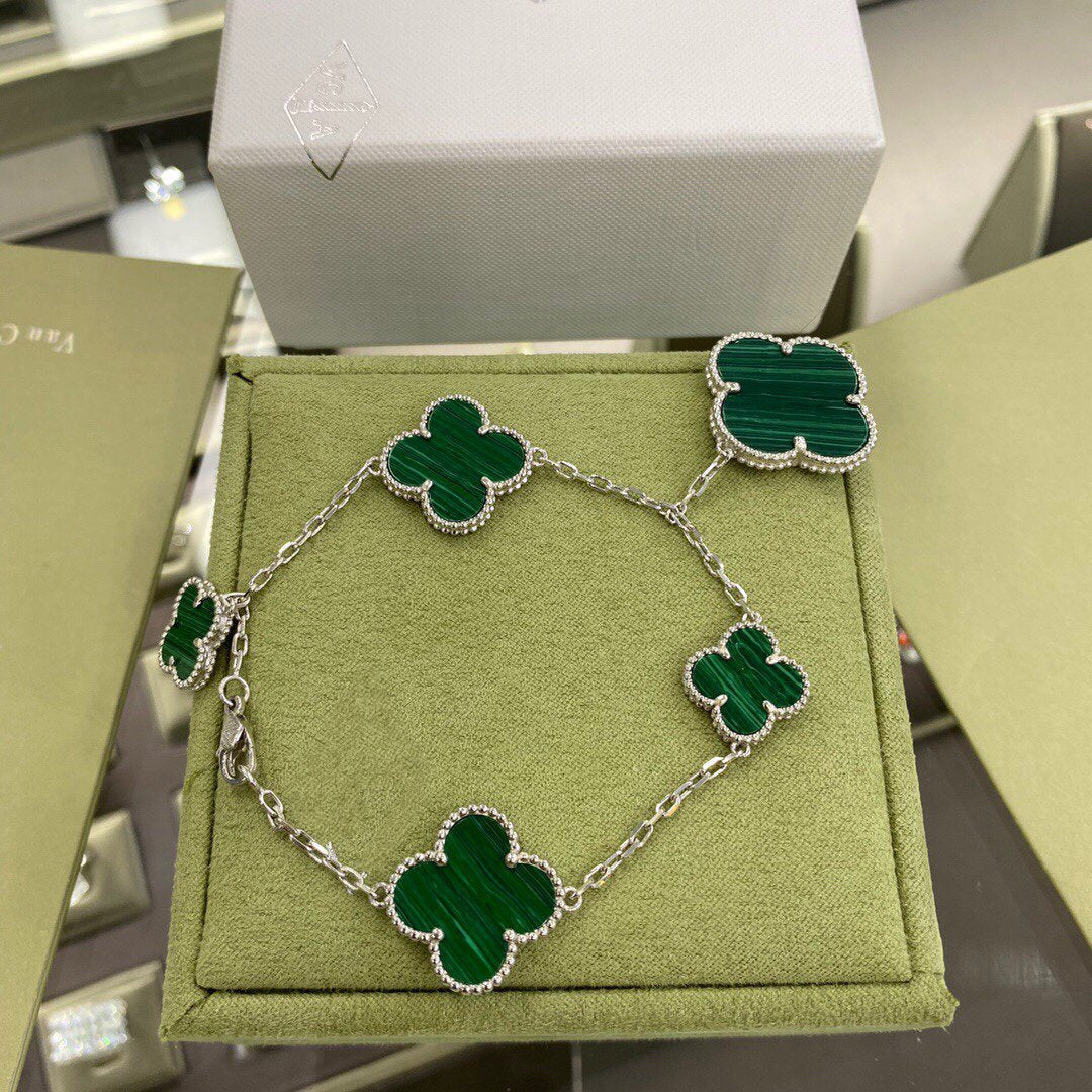[Royal&Vicky]CLOVER 5 MOTIFS SIVLER MALACHITE BRACELET