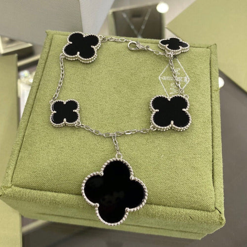 [Royal&Vicky]CLOVER 5 MOTIFS SIVLER ONYX BRACELET