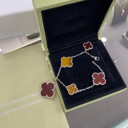[Royal&Vicky]CLOVER 5 MOTIFS SIVLER CARNELIAN TIGER EYE BRACELET