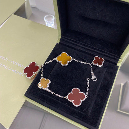 [Royal&Vicky]CLOVER 5 MOTIFS SIVLER CARNELIAN TIGER EYE BRACELET