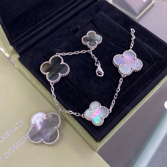 [Royal&Vicky]CLOVER 5 MOTIFS SIVLER DARK MOP BRACELET