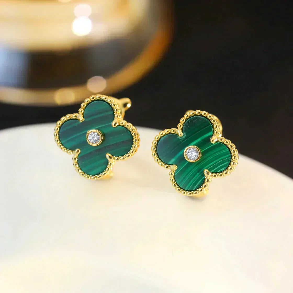 [Royal&Vicky]CLOVER MEDIUM 1 MOTIFS MALACHITE DIAMOND EARRINGS