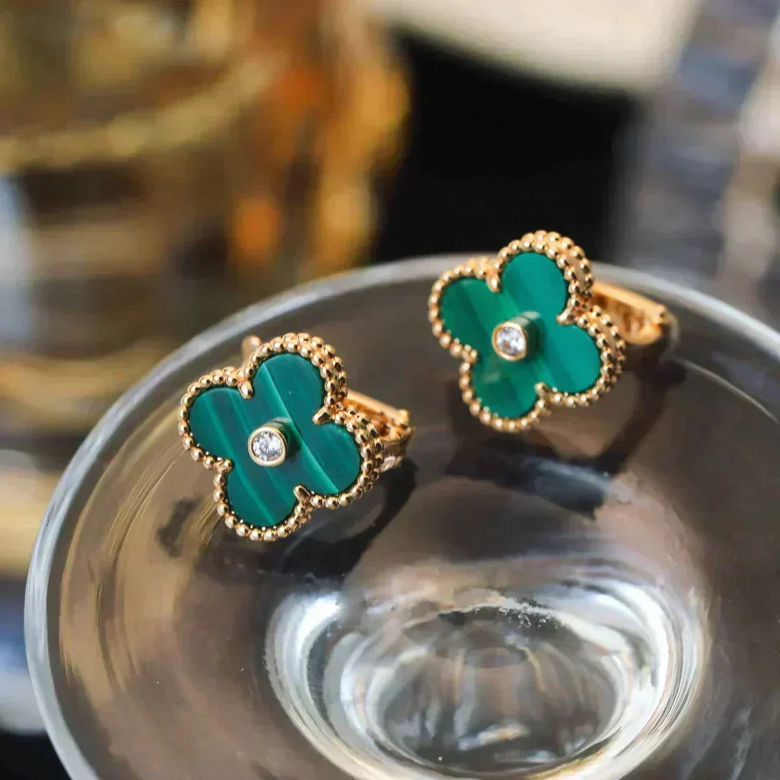[Royal&Vicky]CLOVER MEDIUM 1 MOTIFS MALACHITE DIAMOND EARRINGS