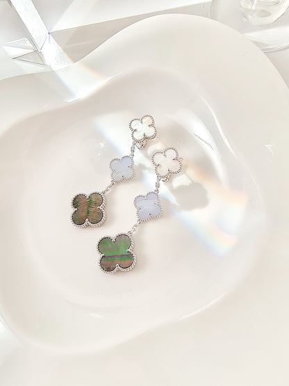 [Royal&Vicky]CLOVER 3 MOTIFS CHALCEDONY DARK MOP SILVER EARRINGS