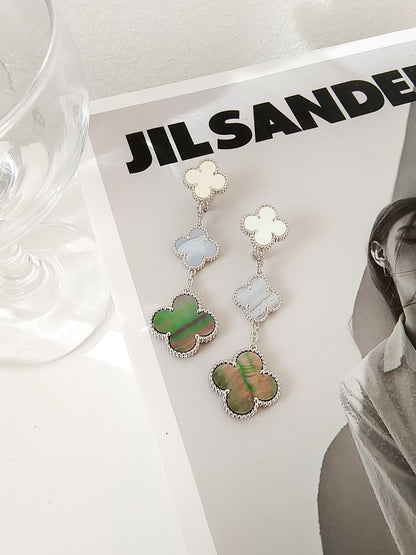 [Royal&Vicky]CLOVER 3 MOTIFS CHALCEDONY DARK MOP SILVER EARRINGS