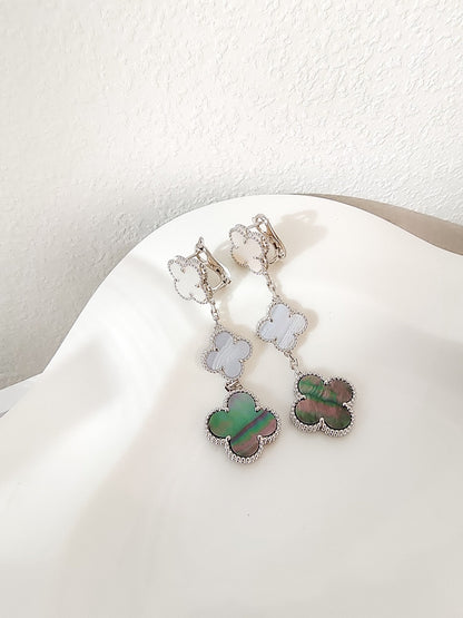 [Royal&Vicky]CLOVER 3 MOTIFS CHALCEDONY DARK MOP SILVER EARRINGS