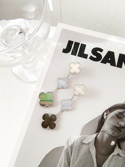 [Royal&Vicky]CLOVER 3 MOTIFS CHALCEDONY DARK MOP SILVER EARRINGS