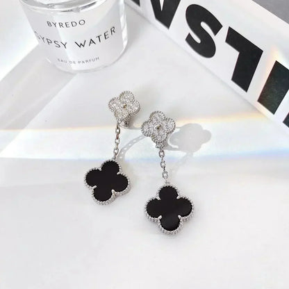[Royal&Vicky]CLOVER 2 MOTIFS  DIAMOND ONYX EARRINGS SILVER