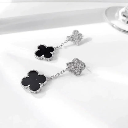 [Royal&Vicky]CLOVER 2 MOTIFS  DIAMOND ONYX EARRINGS SILVER