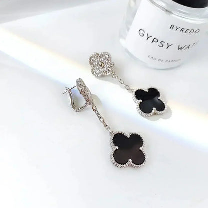[Royal&Vicky]CLOVER 2 MOTIFS  DIAMOND ONYX EARRINGS SILVER