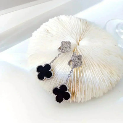 [Royal&Vicky]CLOVER 2 MOTIFS  DIAMOND ONYX EARRINGS SILVER