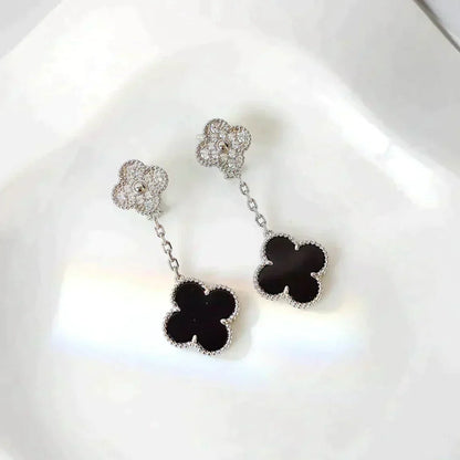 [Royal&Vicky]CLOVER 2 MOTIFS  DIAMOND ONYX EARRINGS SILVER