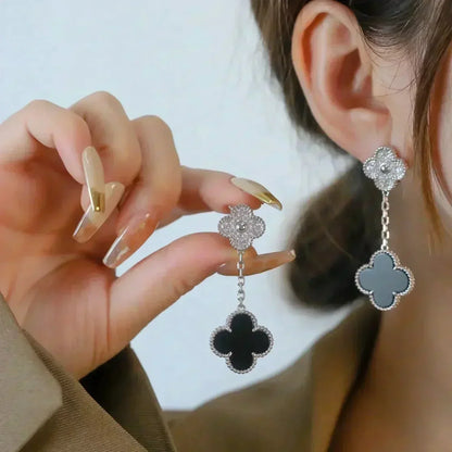 [Royal&Vicky]CLOVER 2 MOTIFS  DIAMOND ONYX EARRINGS SILVER
