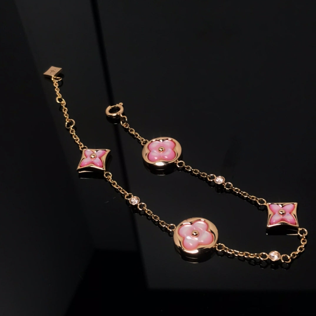 [Royal&Vicky]STAR AND SUN 4 MOTIF PINK MOP PINK GOLD BRACELET