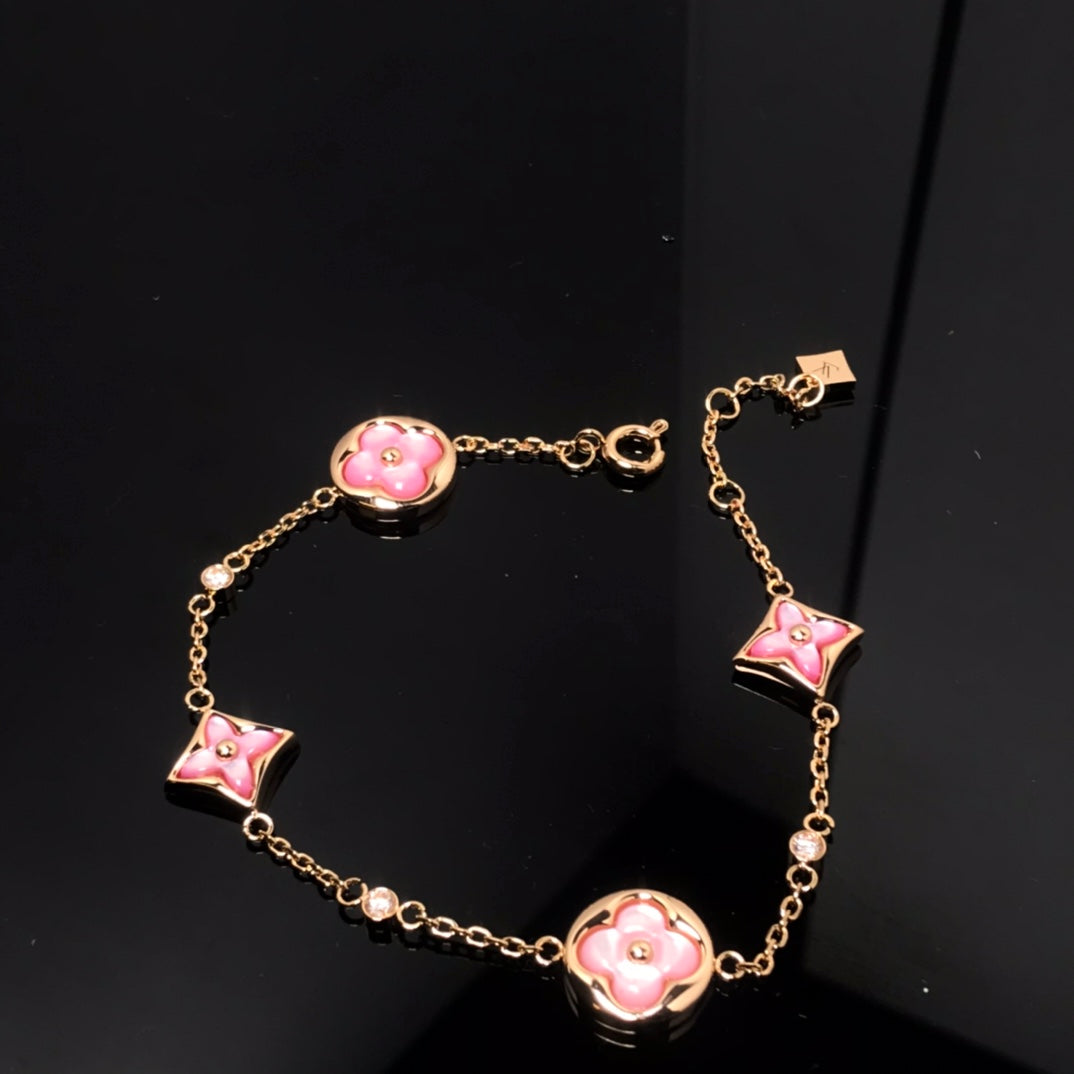 [Royal&Vicky]STAR AND SUN 4 MOTIF PINK MOP PINK GOLD BRACELET