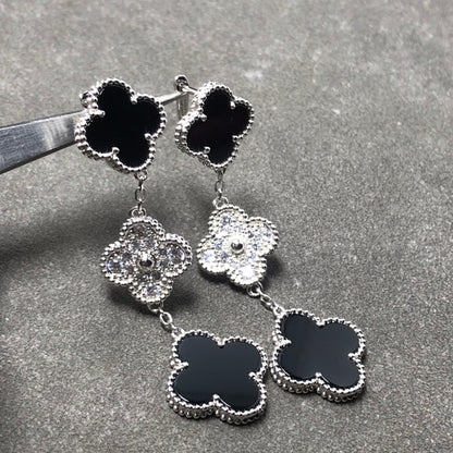 [Royal&Vicky]CLOVER 3 MOTIF DIAMOND ONYX SILVER EARRINGS