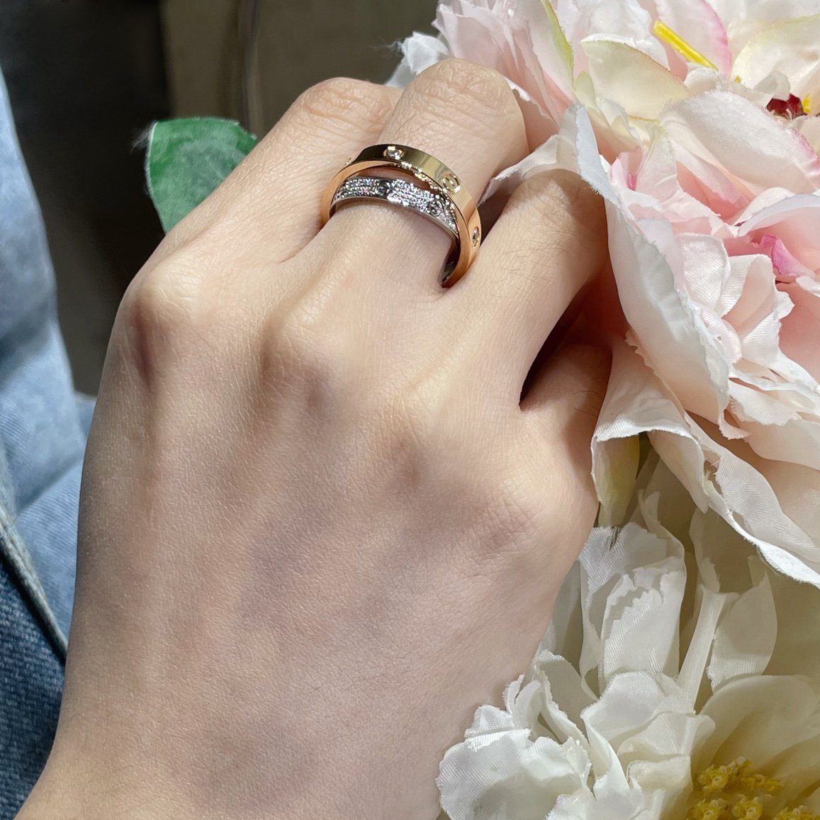 [Royal&Vicky]LOVE PINK GOLD SILVER DIAMOND DOUBLE RING