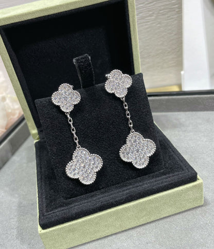 [Royal&Vicky]CLOVER 2 MOTIFS DIAMOND PAVED SILVER EARRINGS