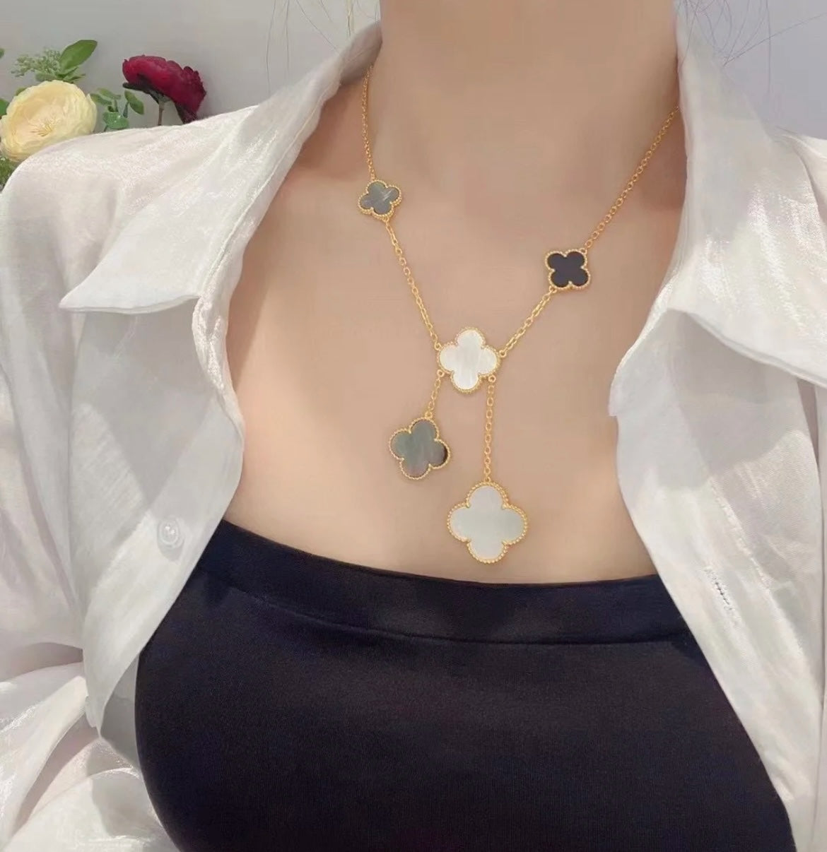 [Royal&Vicky]CLOVER 6 MOTIF MOP ONYX GOLD NECKLACE