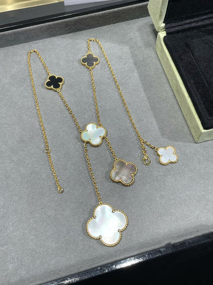 [Royal&Vicky]CLOVER 6 MOTIF MOP ONYX GOLD NECKLACE